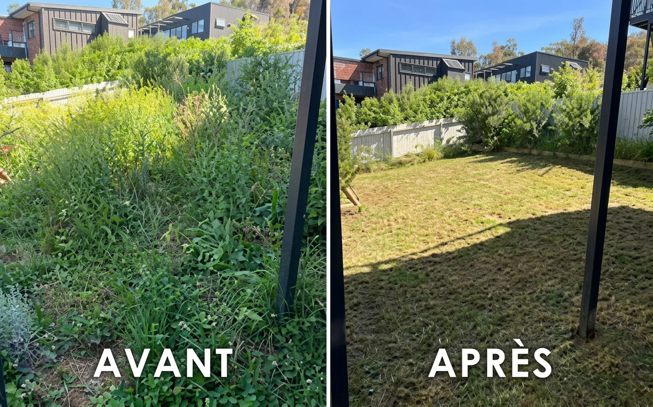 Entretien de jardin avant et après — jardin nettoyé et tondu